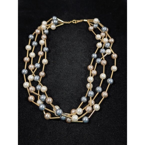 Vintage Avon Cashmere Necklace Four Strand Faux Pearl Gray Champagne 16.5 in - Picture 9 of 10